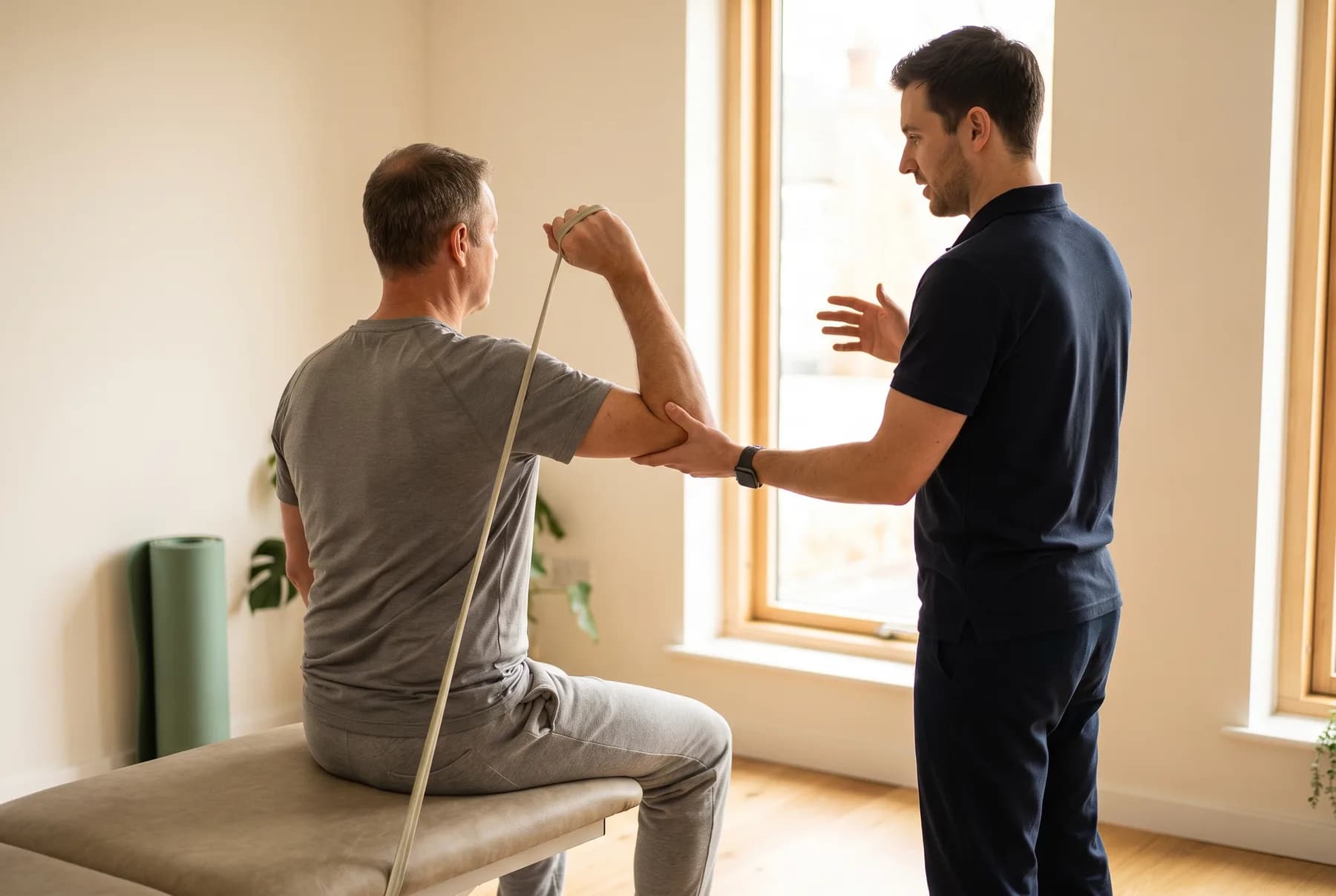 Therapeut leitet eine Übung mit dem Theraband an der Schulter an