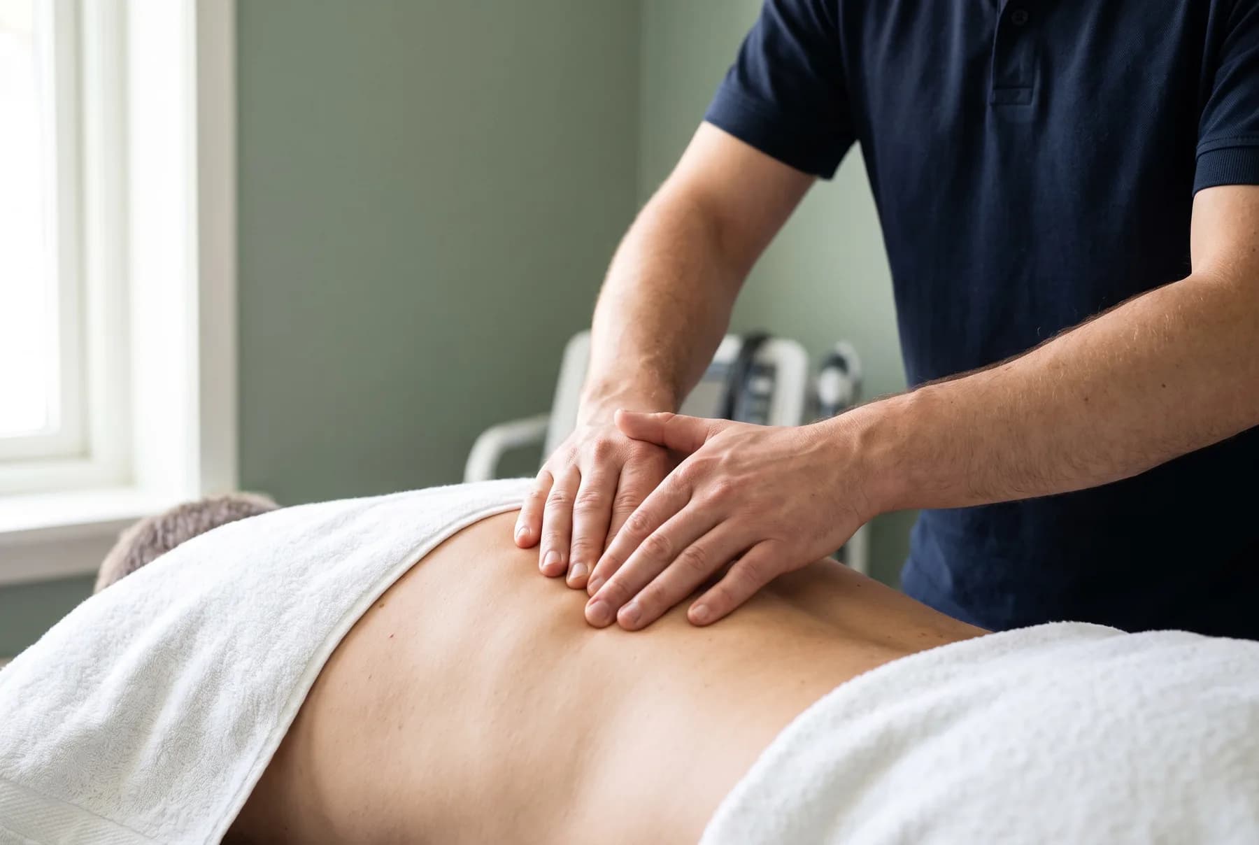 Therapeut behandelt mit den Händen den oberen Rücken einer Person auf der Therapieliege