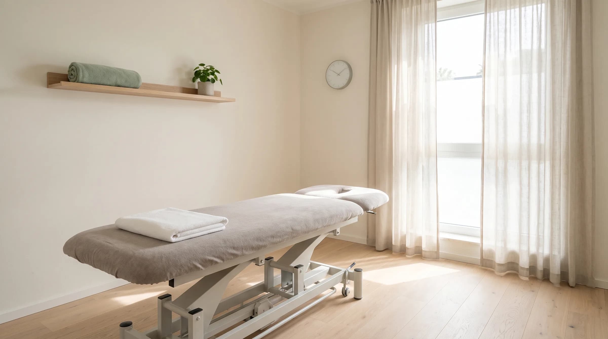 Heller, ruhiger Behandlungsraum mit Therapieliege und Tageslicht